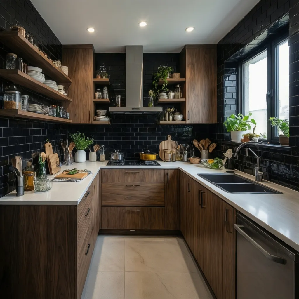clean modern kitchen with black backsplash and wood cabinets after maintenance