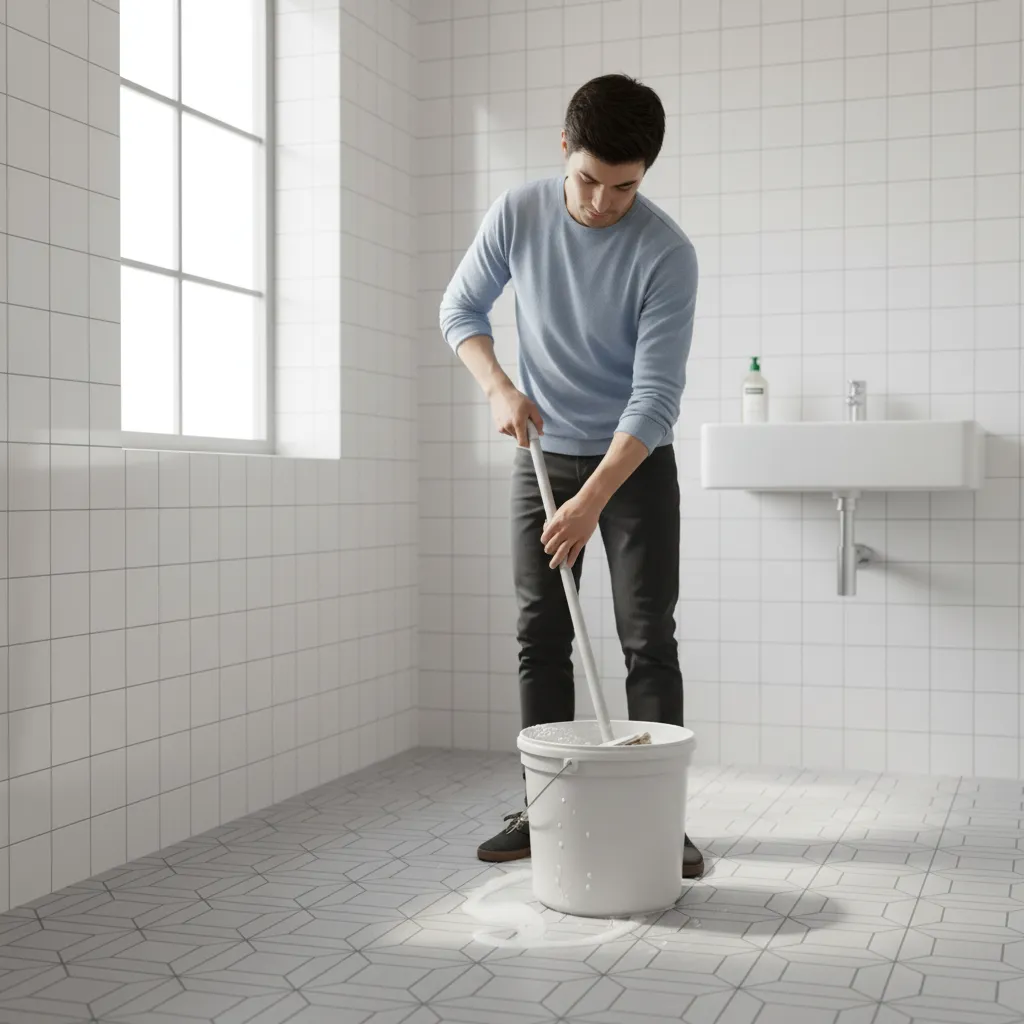 person scrubbing bathroom bucket with long handle brush in tiled bathroom