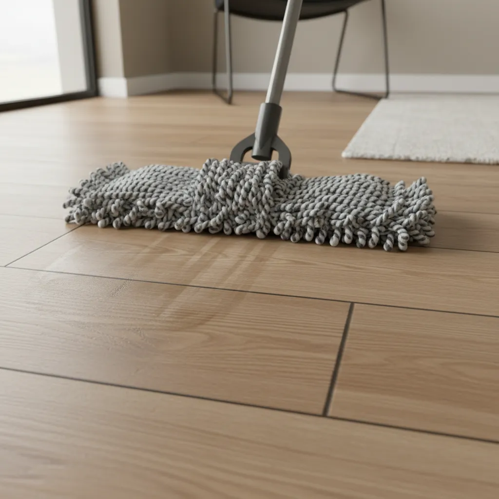 Close view of damp microfiber mop cleaning vinyl plank floor boards along plank direction