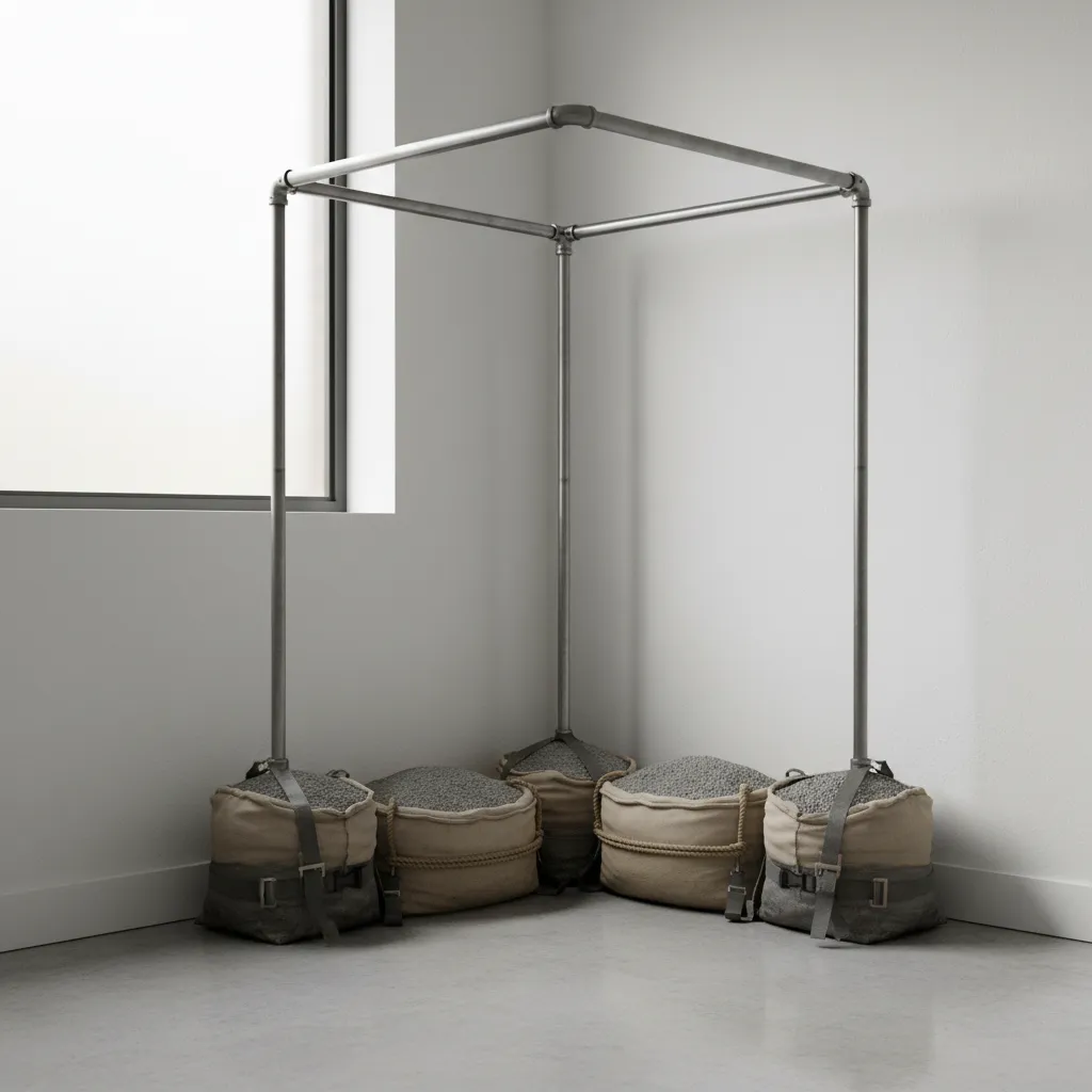 DIY changing room frame stabilized with sandbag weighted bases