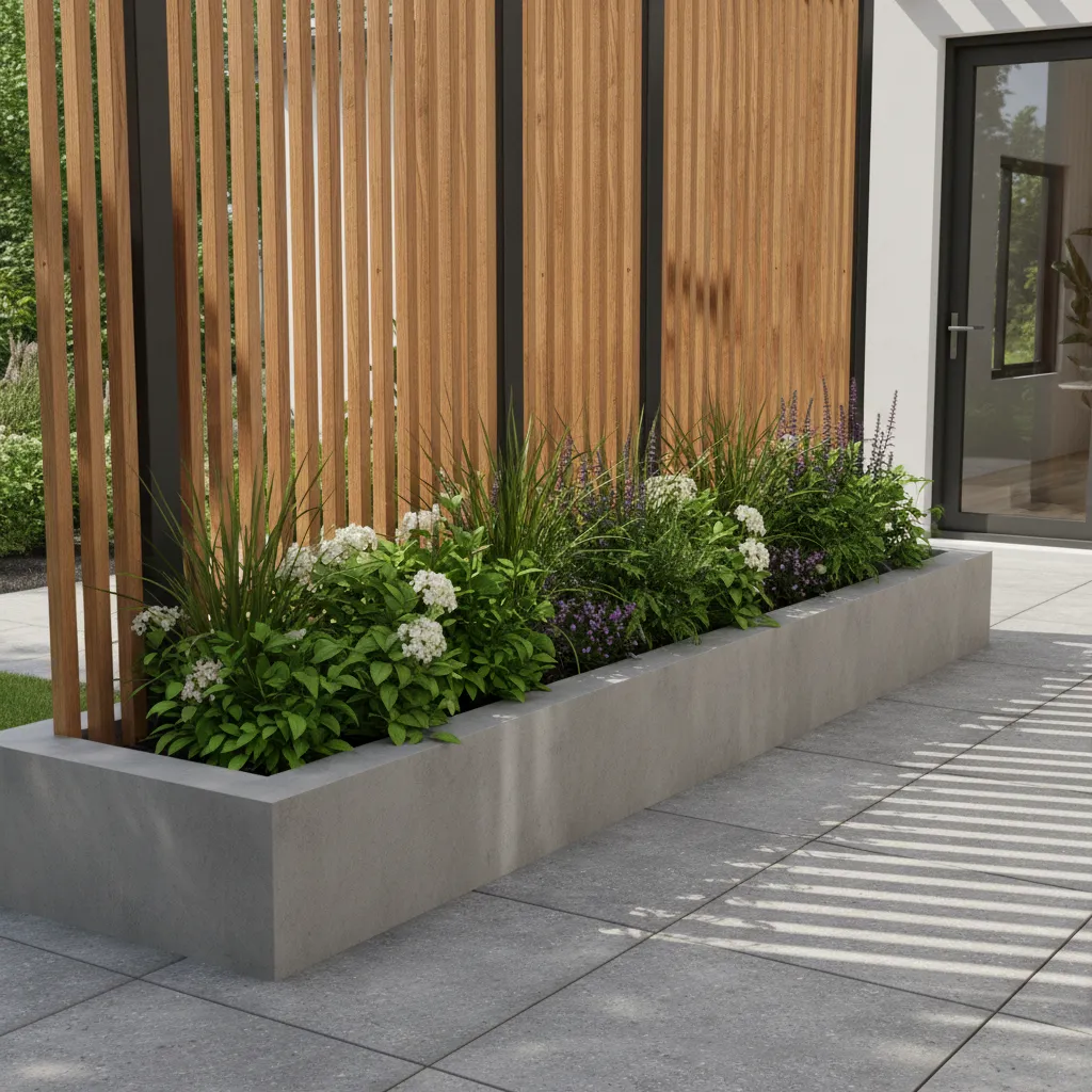 Outdoor divider stabilized with heavy planter base on patio