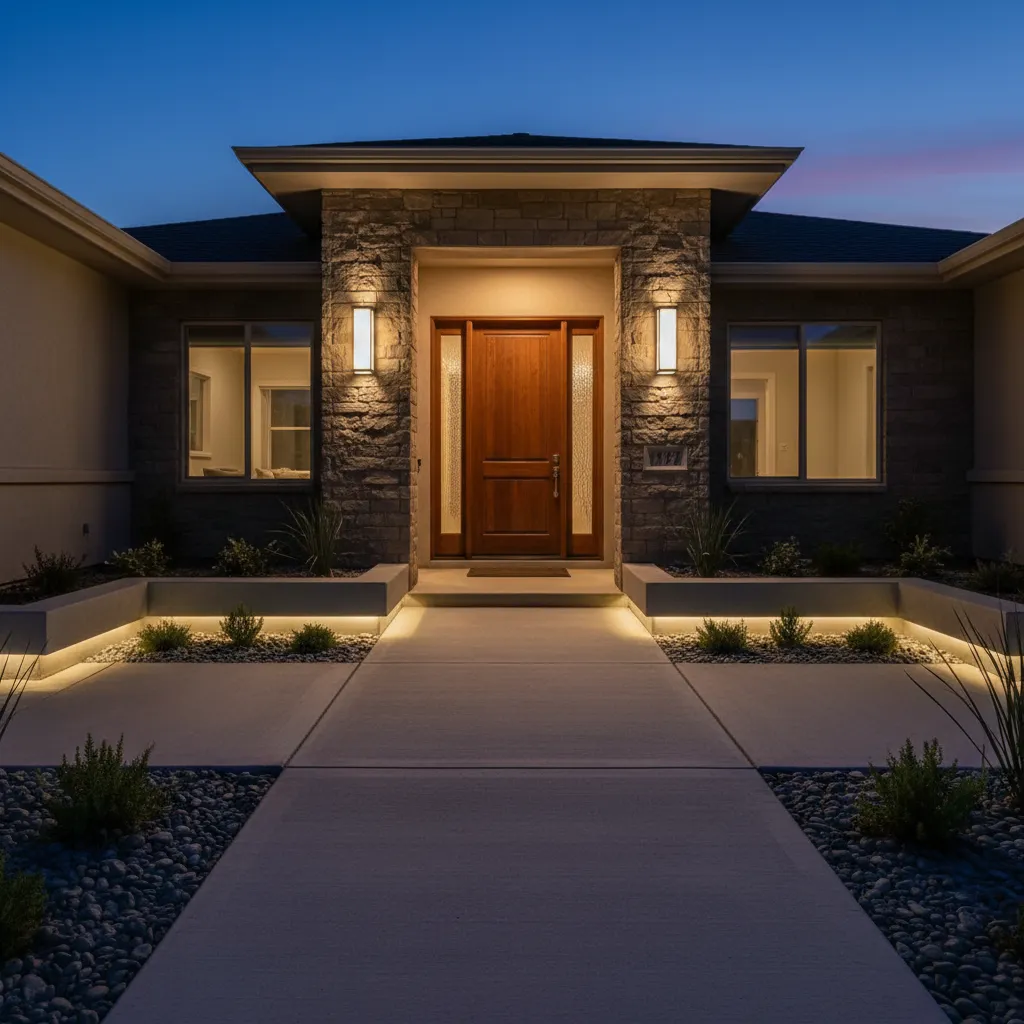 Front door entrance illuminated with warm porch lighting