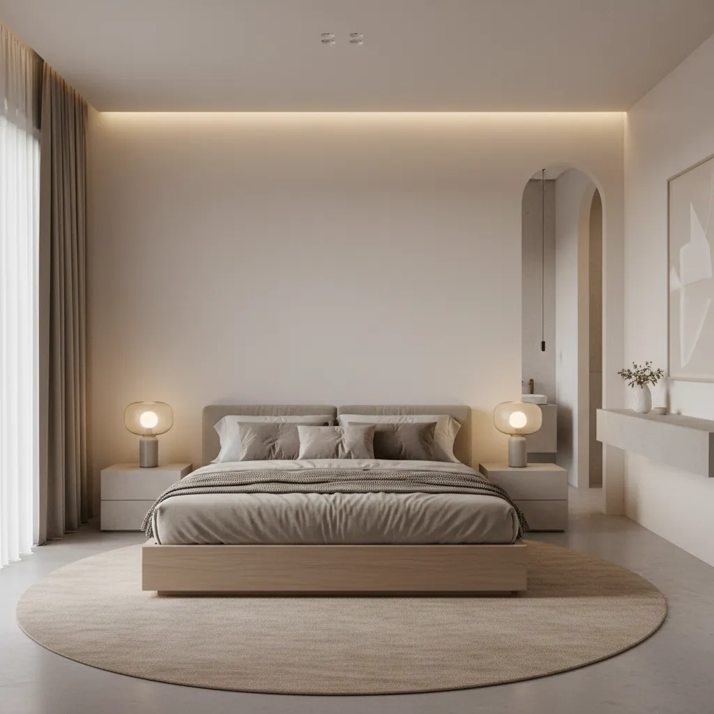 well styled bedroom with layered lighting and balanced furniture arrangement