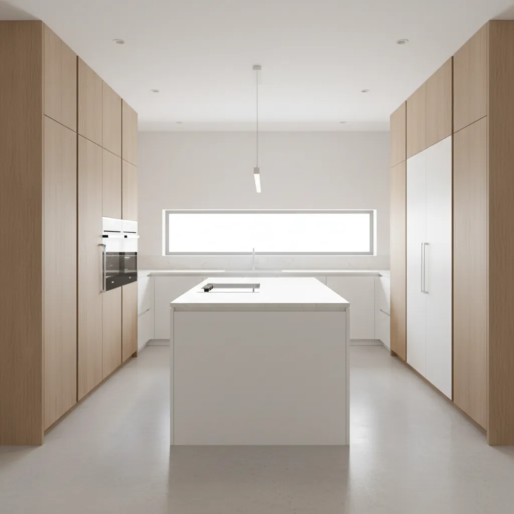 Modern kitchen layout designed for easy cleaning and airflow