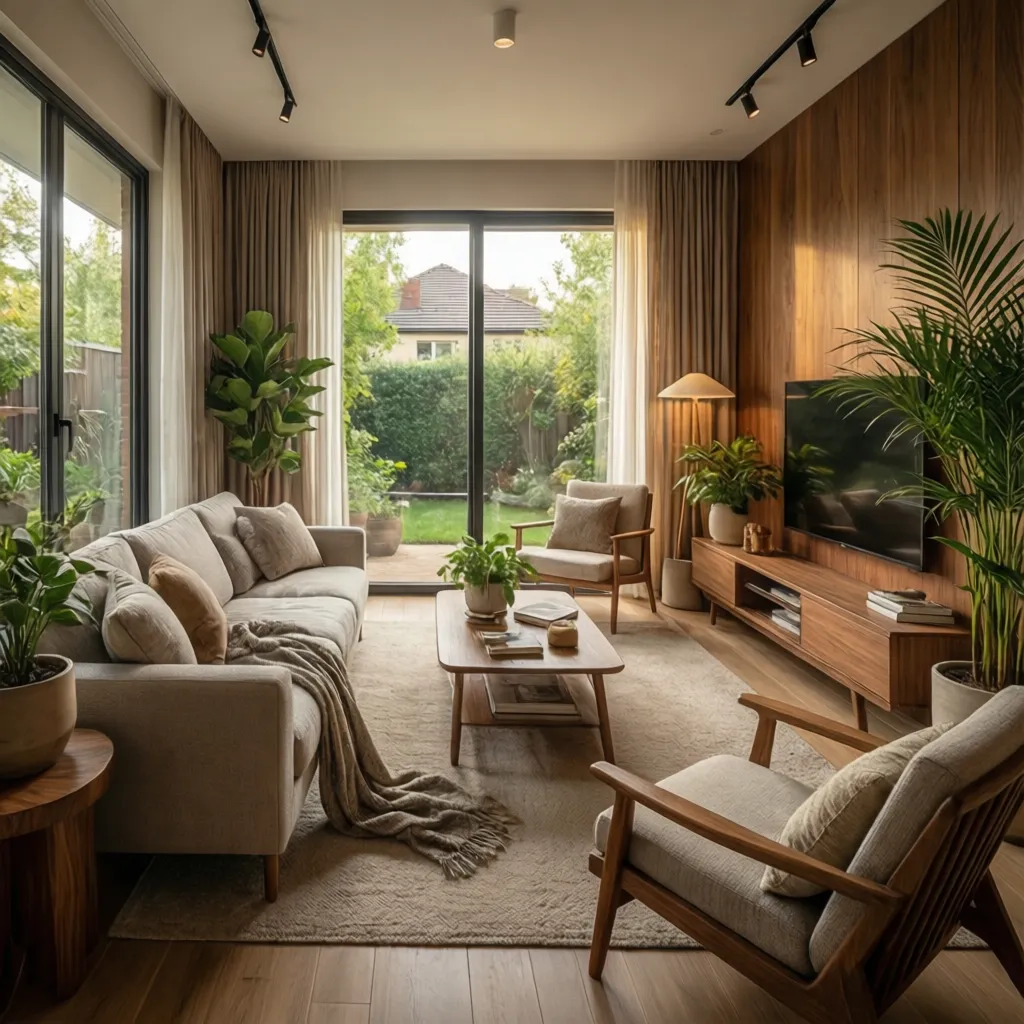 Interior de vivienda bien diseñado con iluminación natural y mobiliario equilibrado
