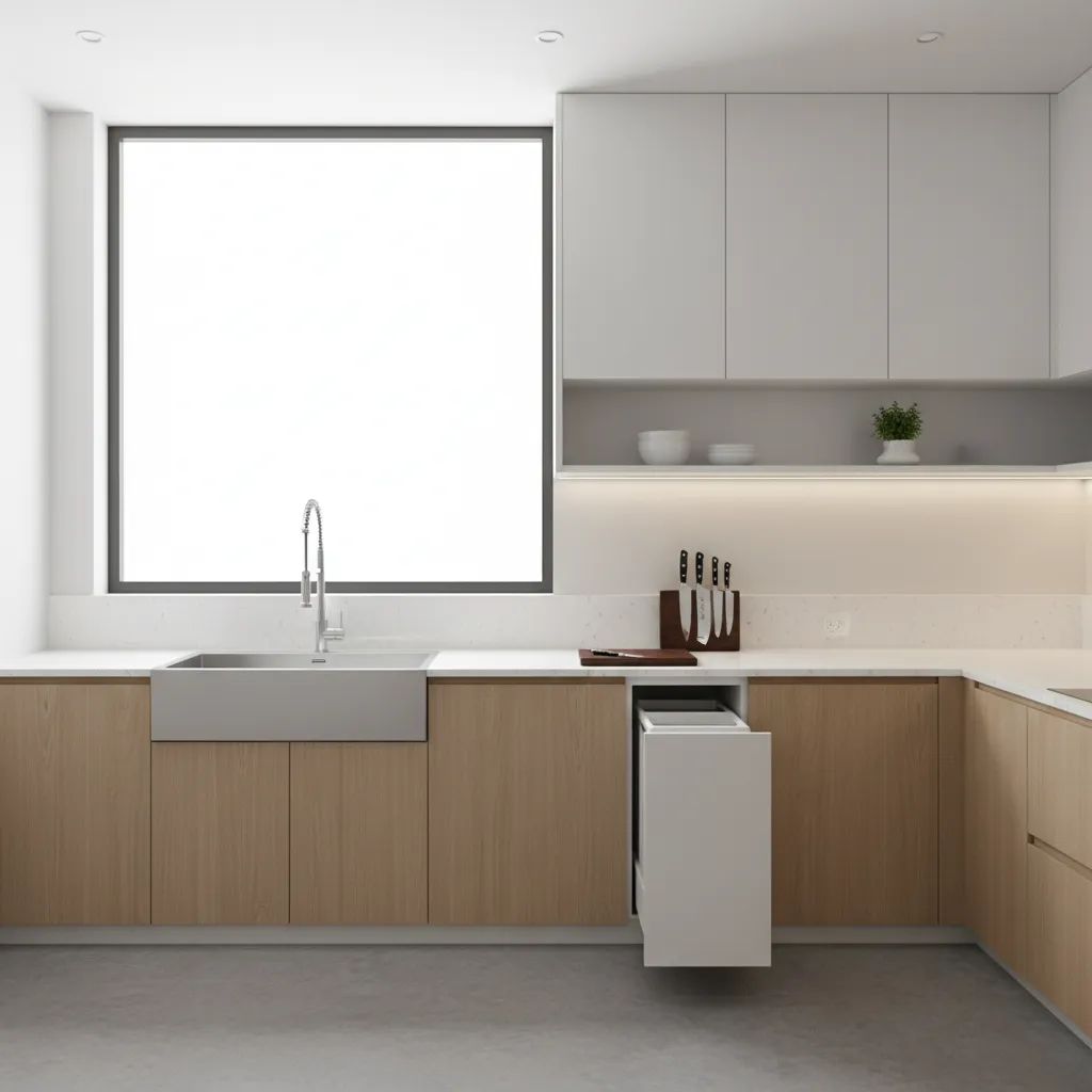 well designed kitchen layout with sink prep area and trash zone