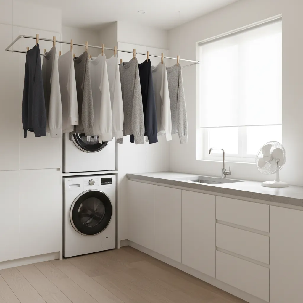 Organized laundry room with properly spaced indoor clothesline and good airflow
