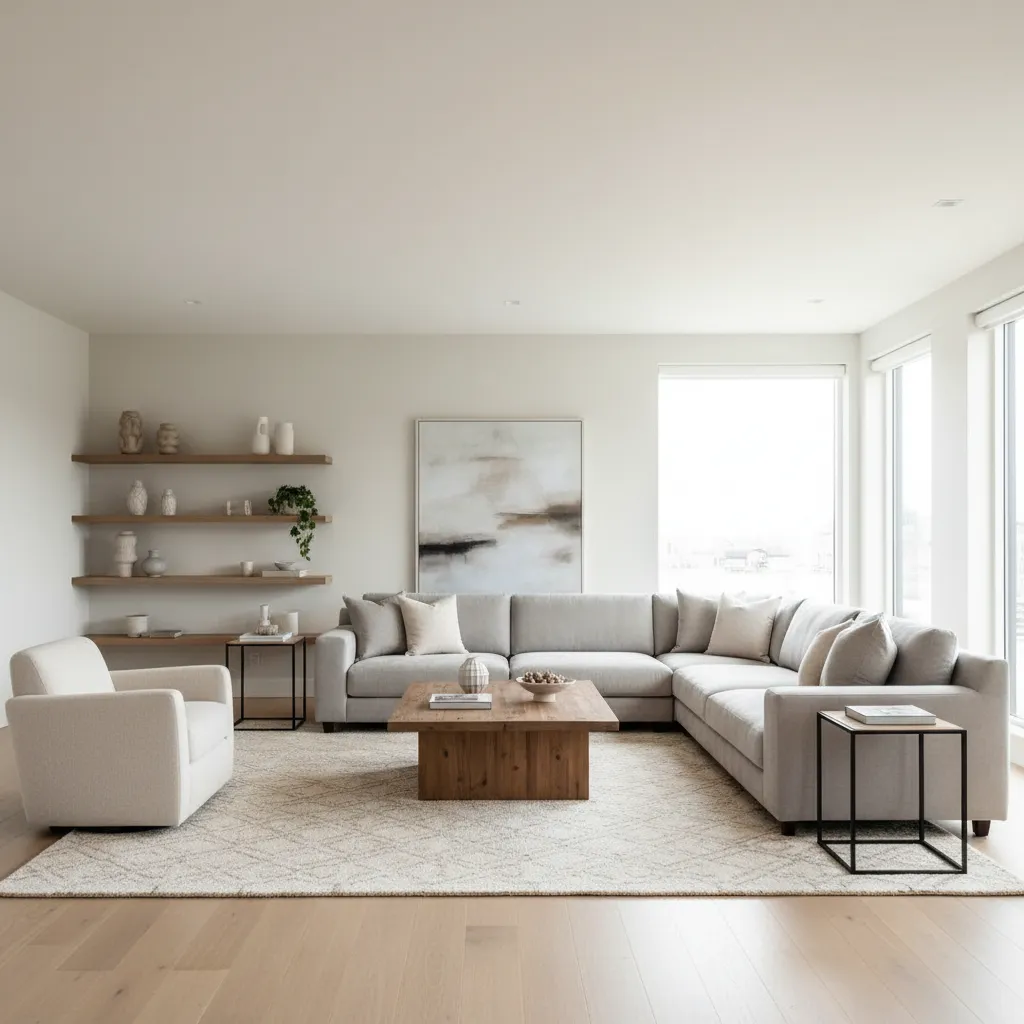 Sala de estar bien diseñada con iluminación natural y muebles equilibrados