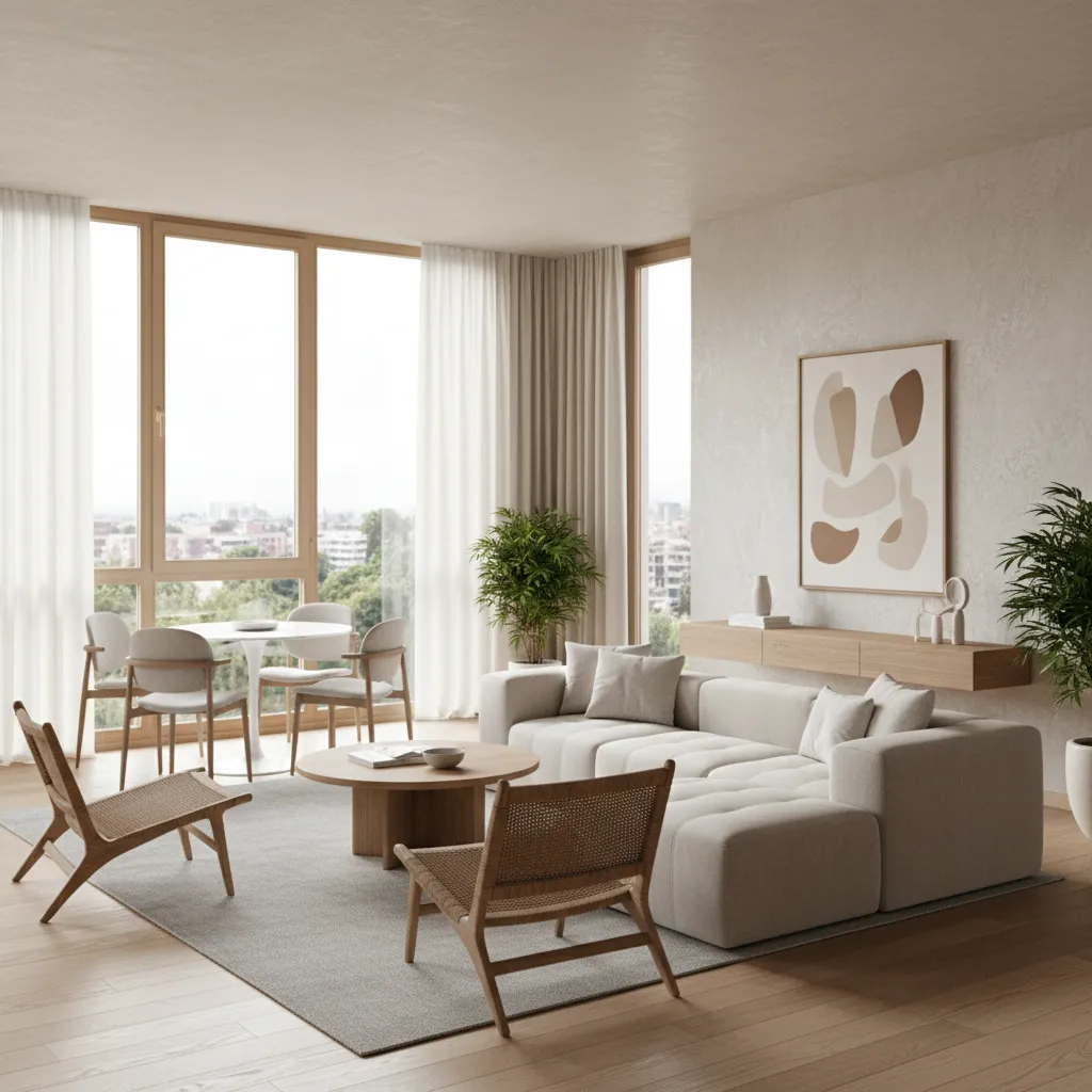 Apartamento moderno bien diseñado con iluminación natural y materiales equilibrados