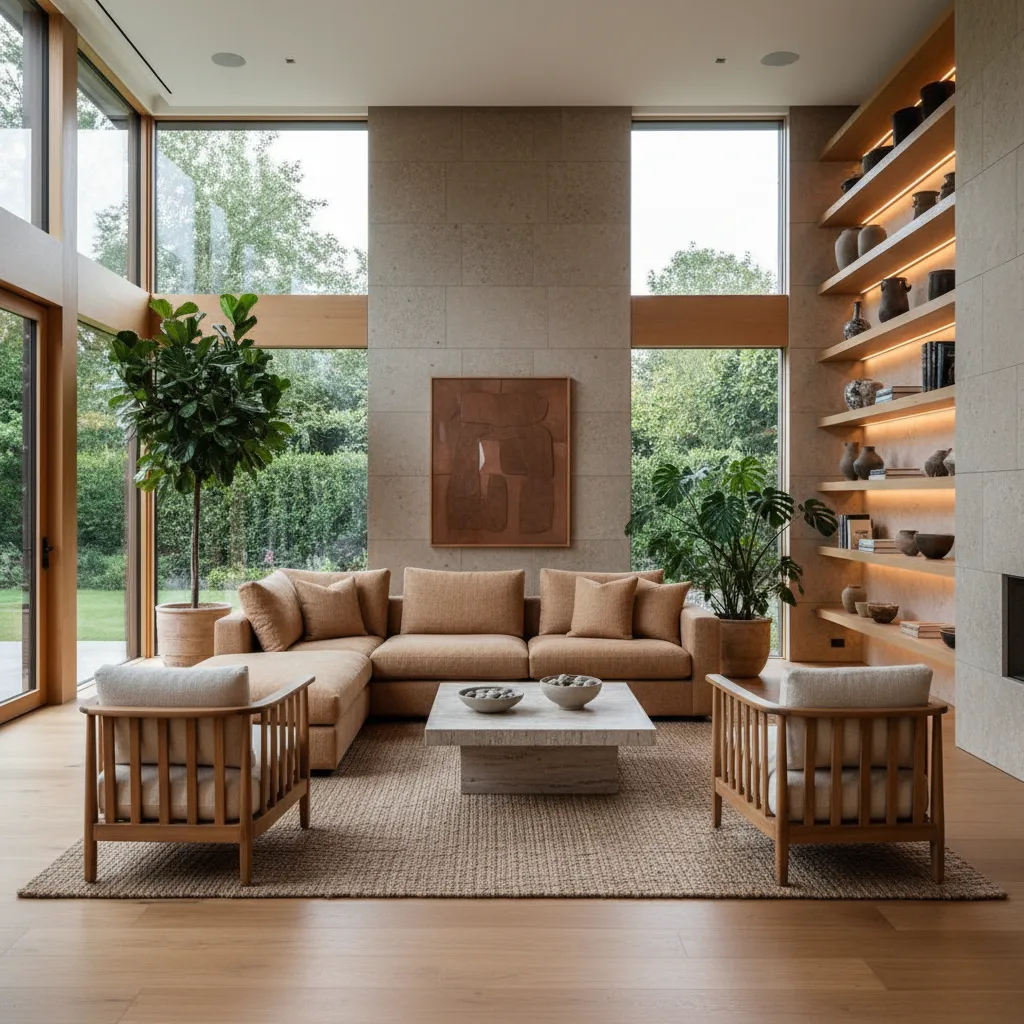 Spacious modern living room with tan sofa stone wall large windows armchairs and wooden shelves