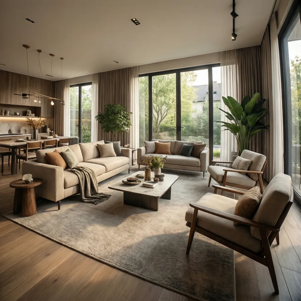 Professionally designed open concept living room with balanced furniture layout