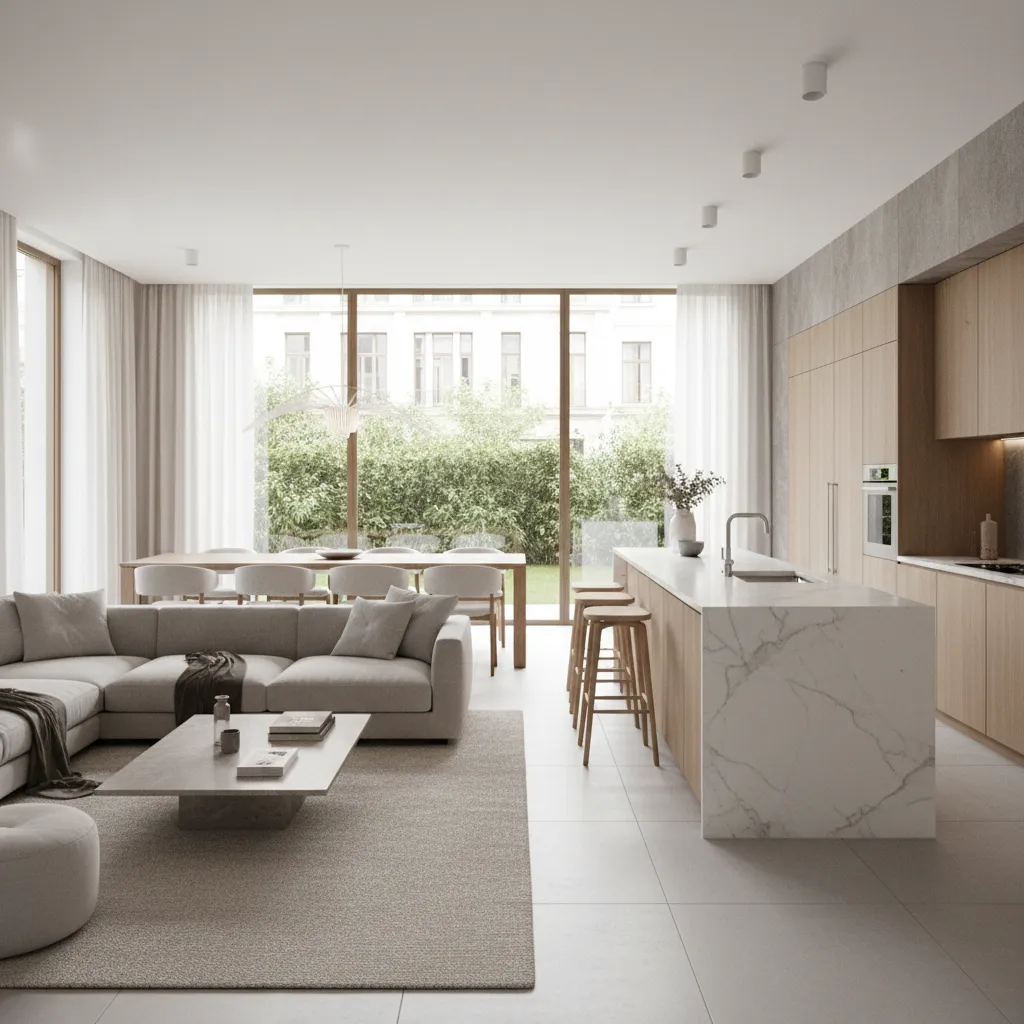Modern open plan living room kitchen layout showing functional zoning and furniture placement