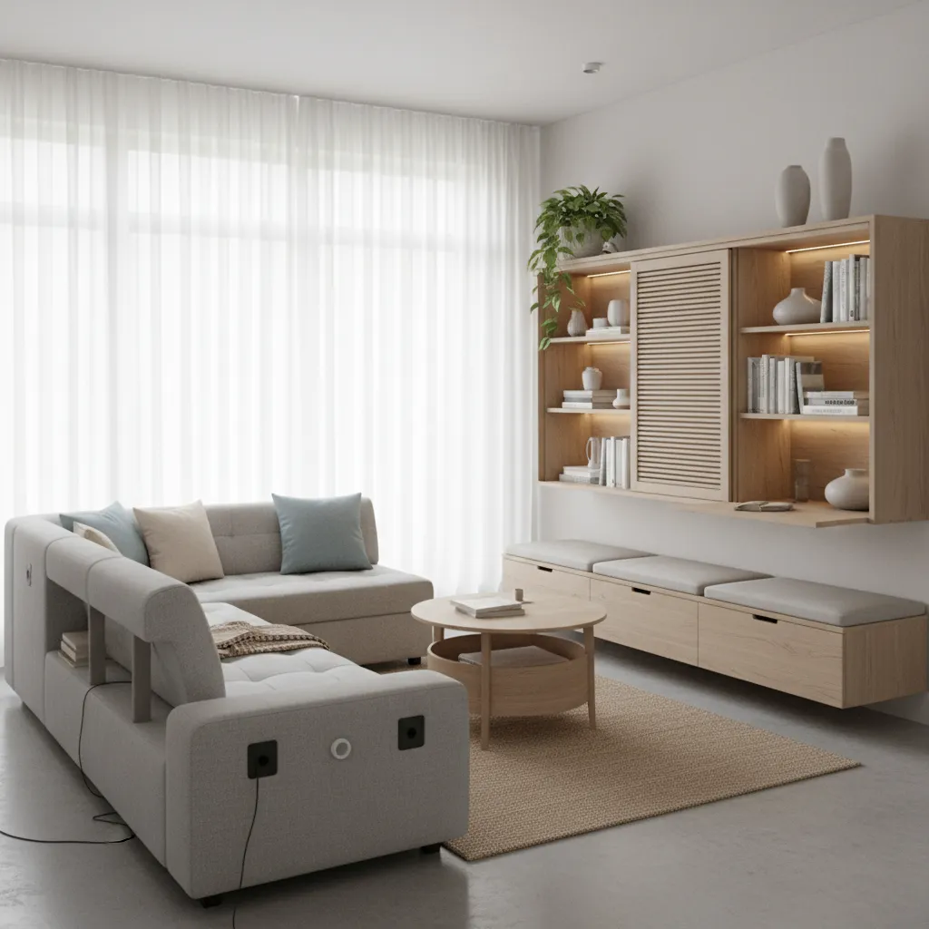 Modern minimalist living room with grey sofa wooden coffee table large wall cabinet and curtains