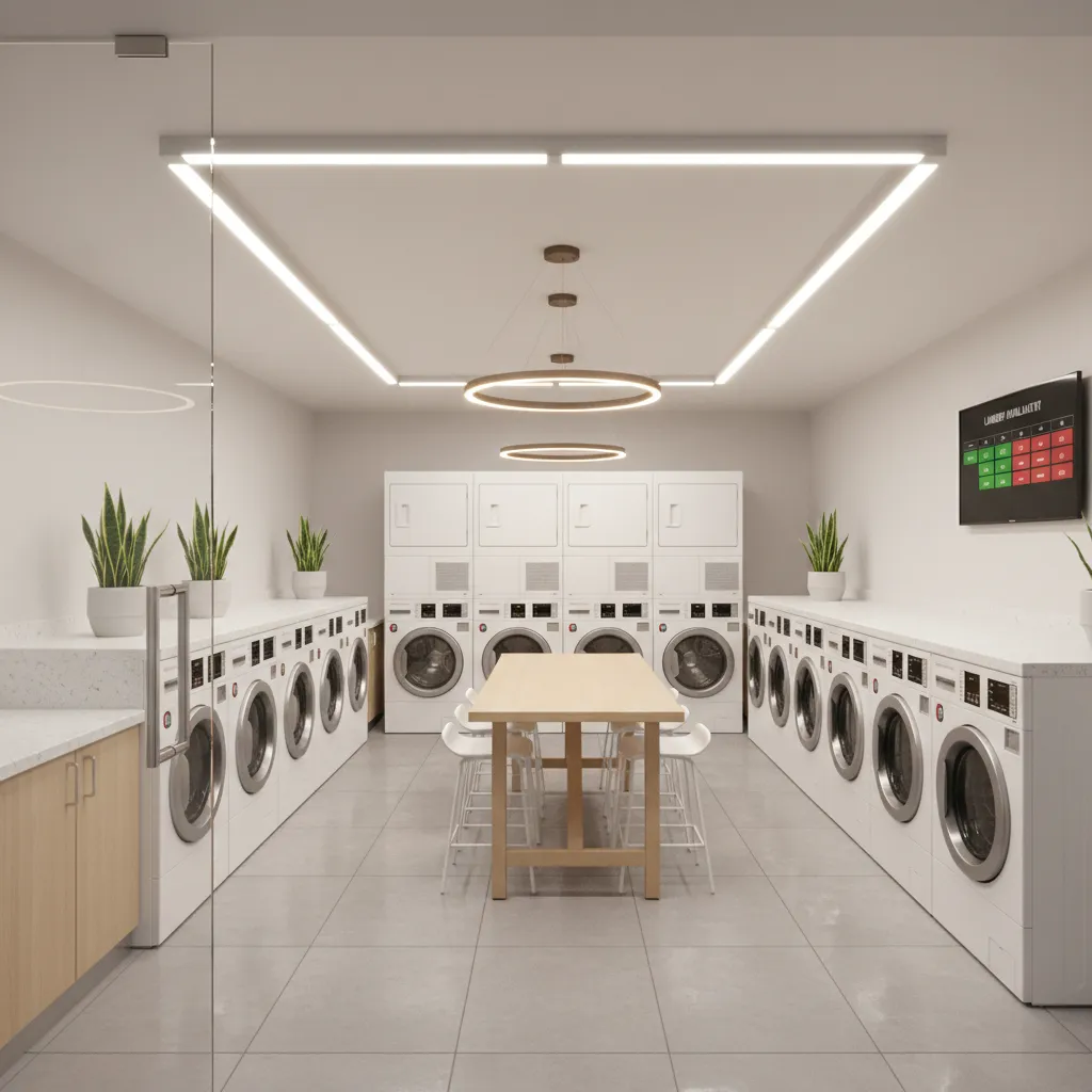 Bright well-lit communal laundry room designed with visibility and safety in mind