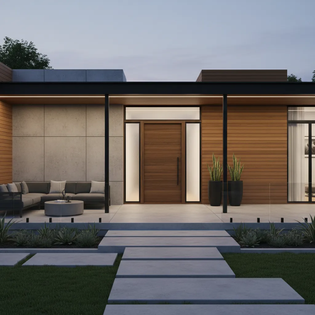 well lit residential entrance with visible front door and open porch design