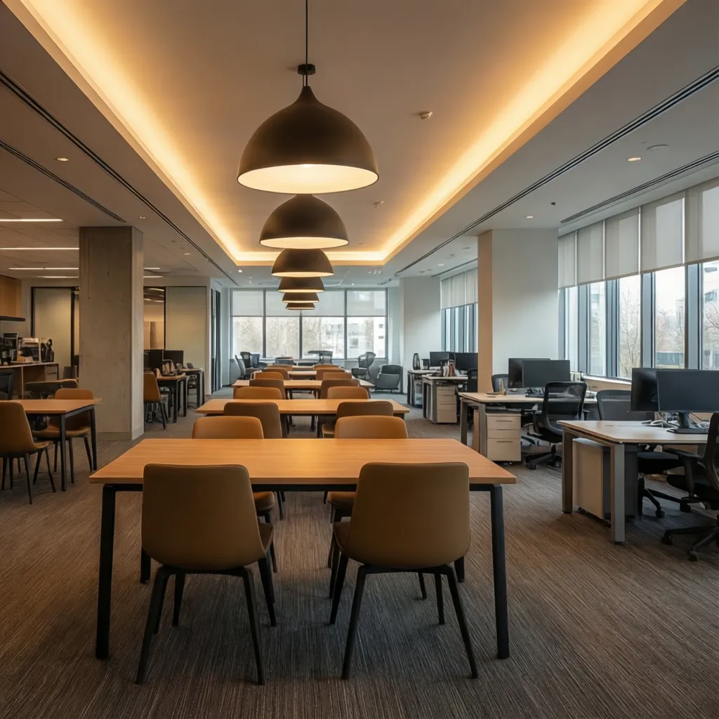 Well designed office break room with balanced warm lighting and pendant fixtures