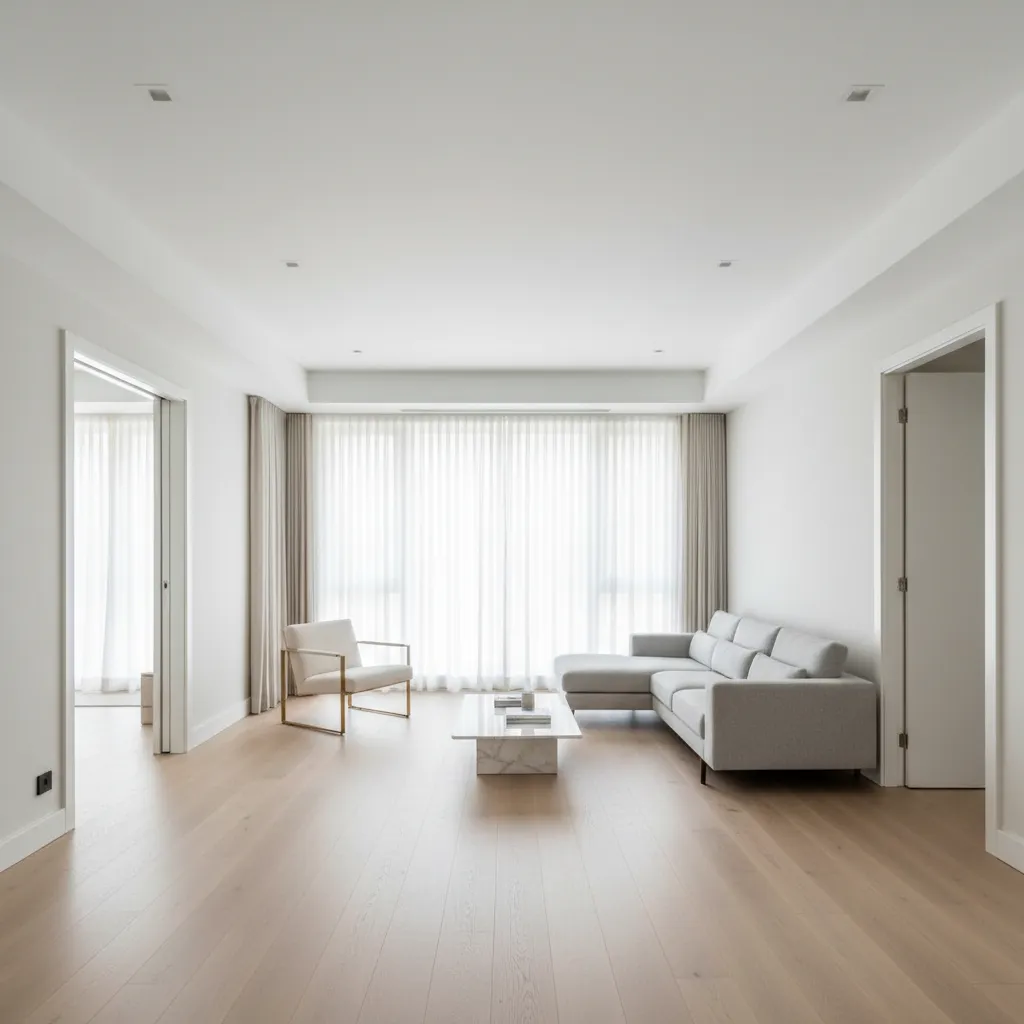 bright clean living room prepared for 360 scanning with minimal clutter