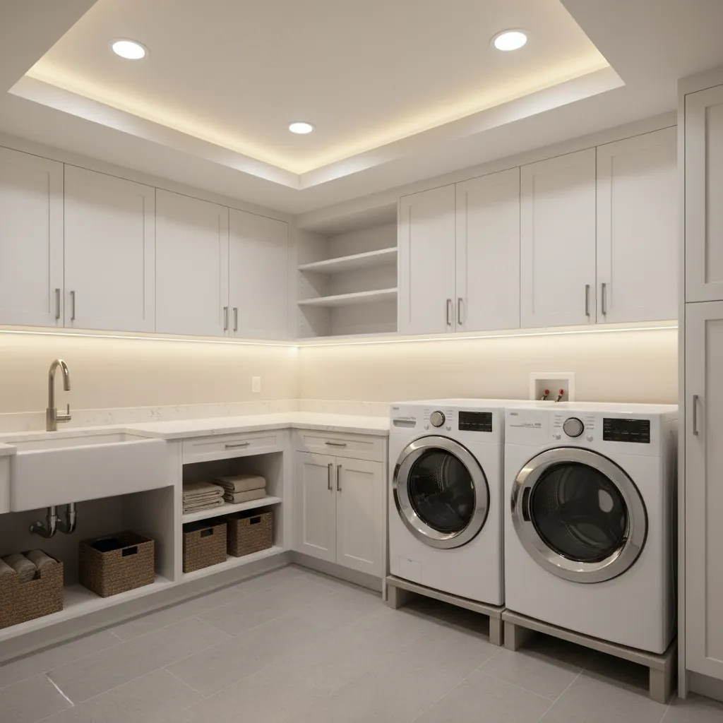 bright senior friendly laundry room with layered lighting and folding counter