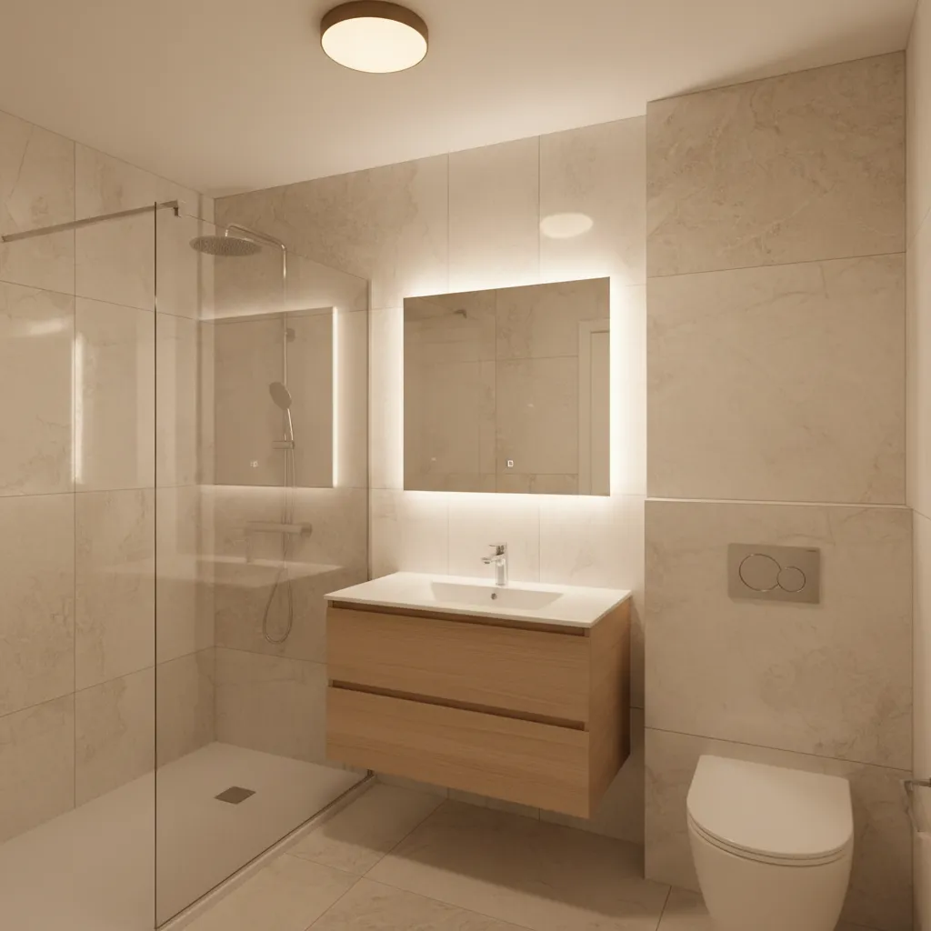 Small bathroom with layered lighting mirror lights and ceiling lights