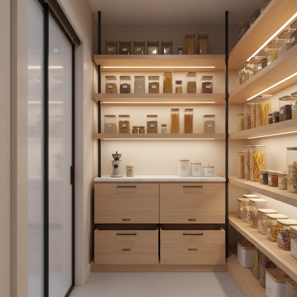 Compact pantry with LED shelf lighting and organized food storage