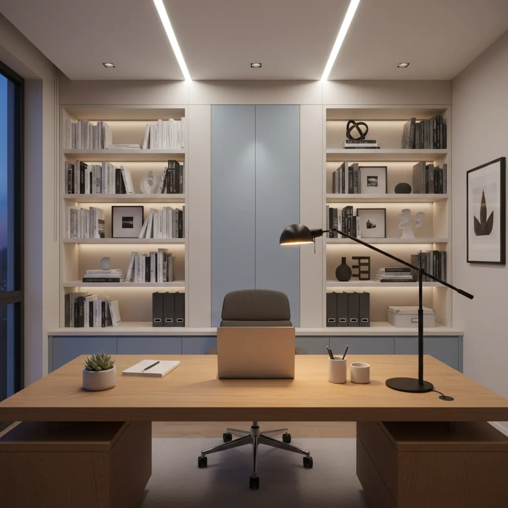 Well lit study room with layered lighting desk lamp and ceiling light