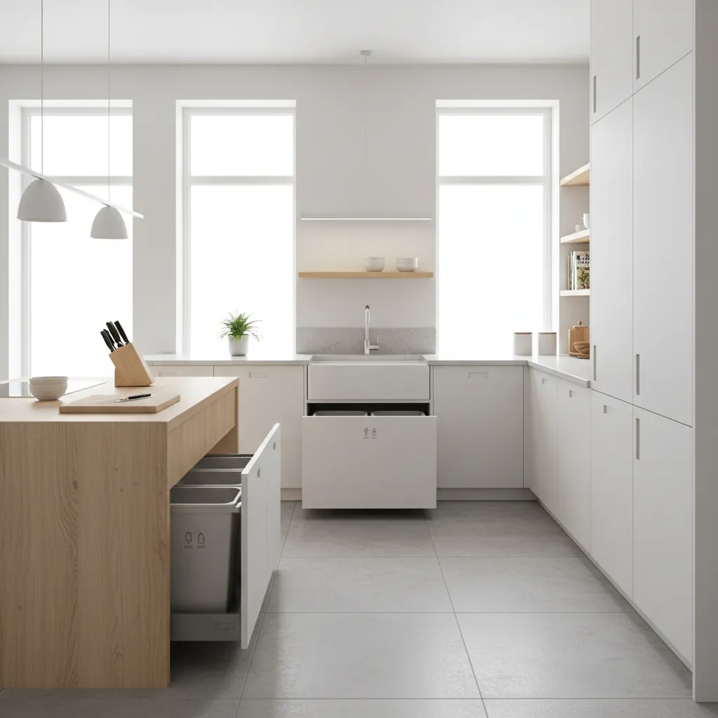 Well organized kitchen layout with clear cleaning and waste zones