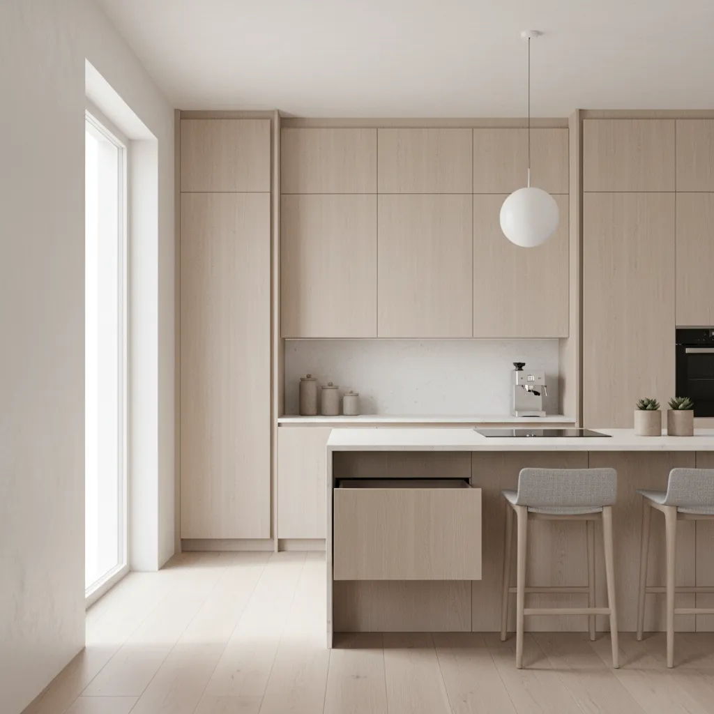 Modern minimalist kitchen design with light wood cabinets island stools and white globe ceiling light