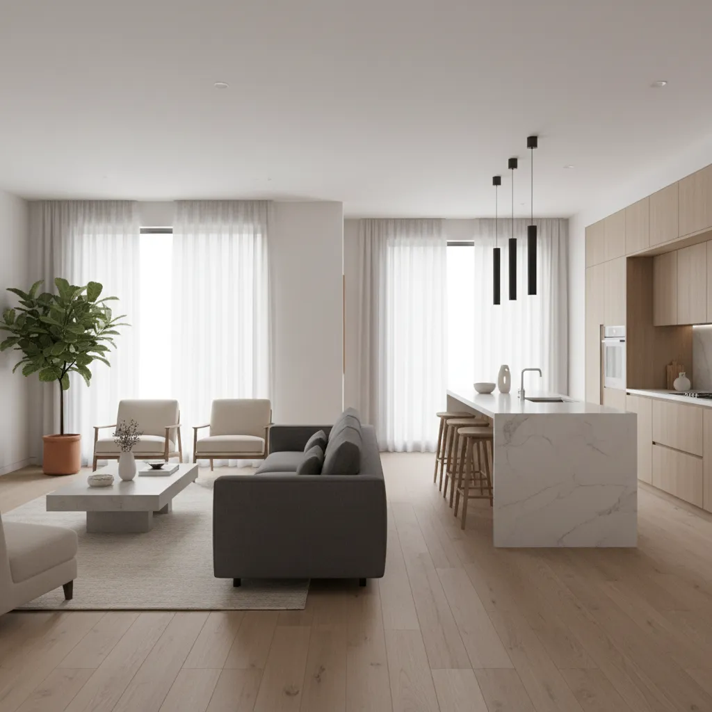 Modern open plan home with kitchen island, grey sofa, wooden floor, and large white curtains