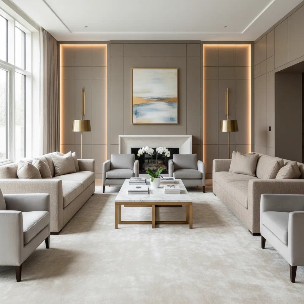 Luxury living room showing proper furniture scale rug placement and balanced layout