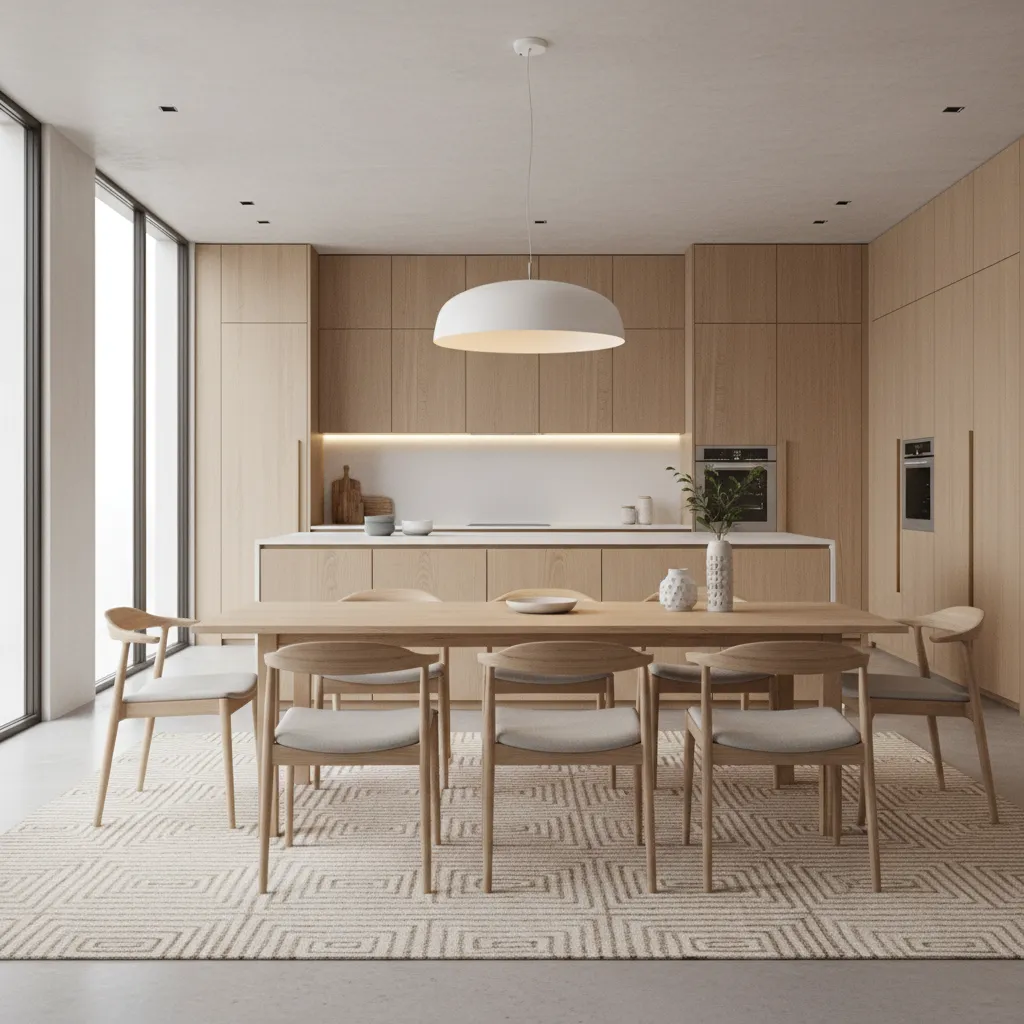 Kitchen dining area for six with proper lighting and rug scale