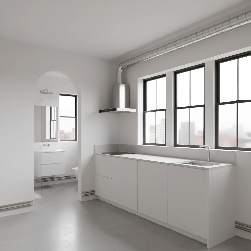 modern kitchen and bathroom layout showing good airflow and cleanliness