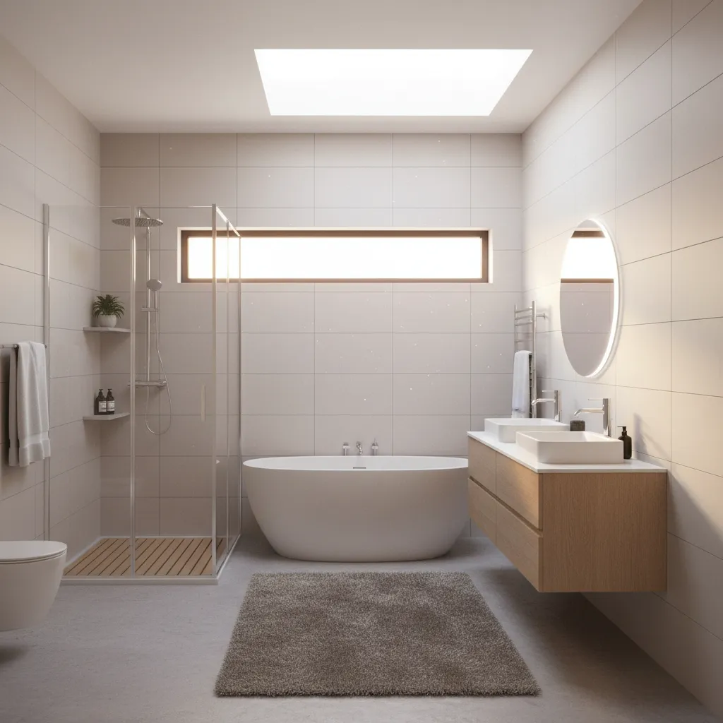 bright bathroom with window ventilation and clean wall tiles