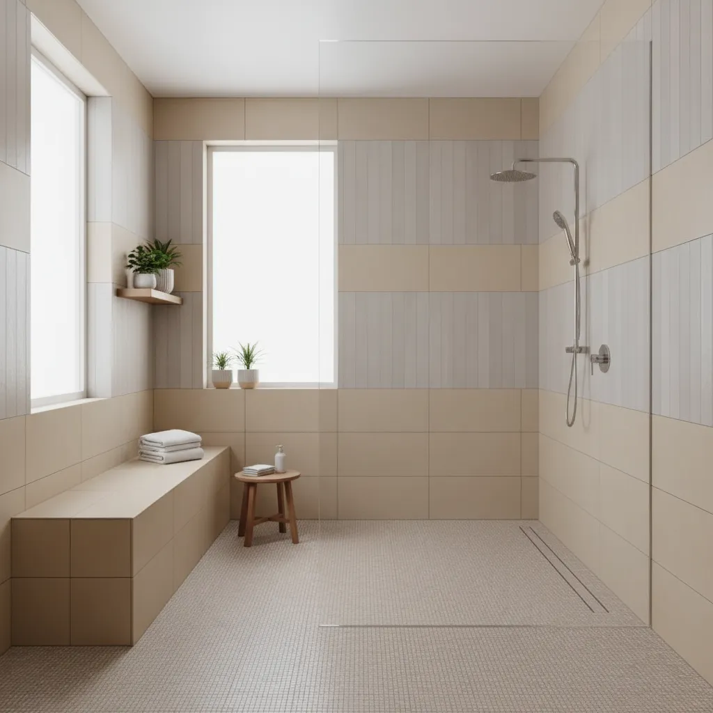 Wellness center bathroom with accessible tiled shower bench