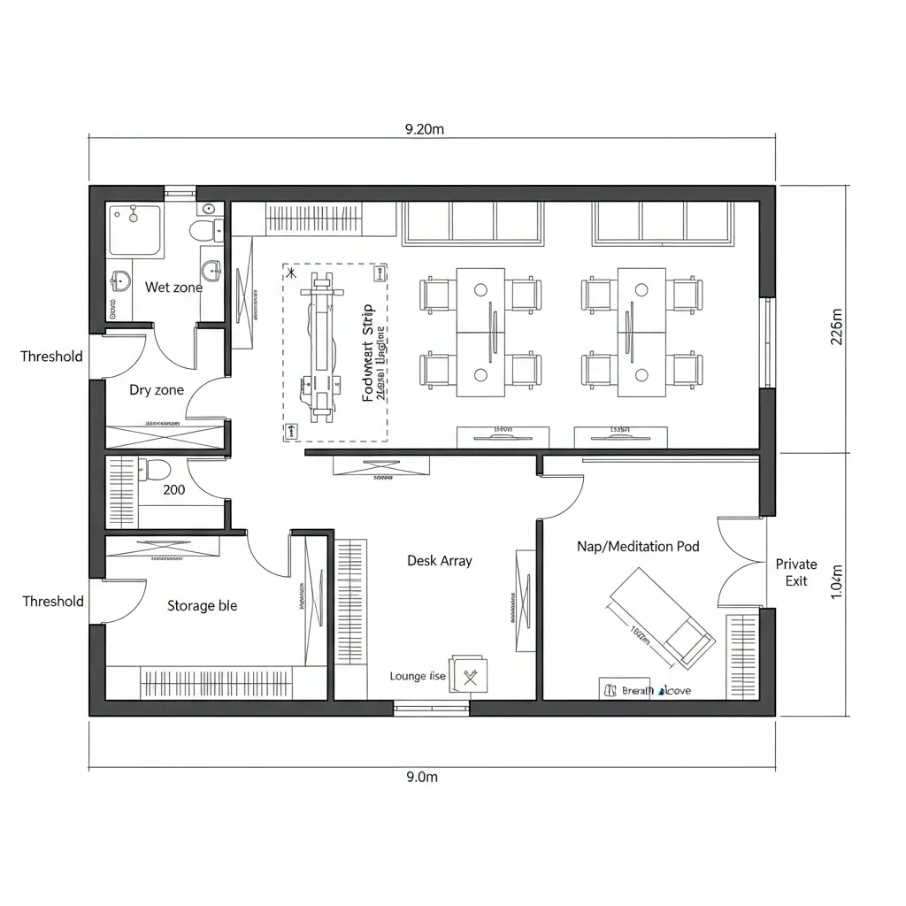 Top-down CAD plan of wellness-focused executive refuge with cleanse node and looped circulation