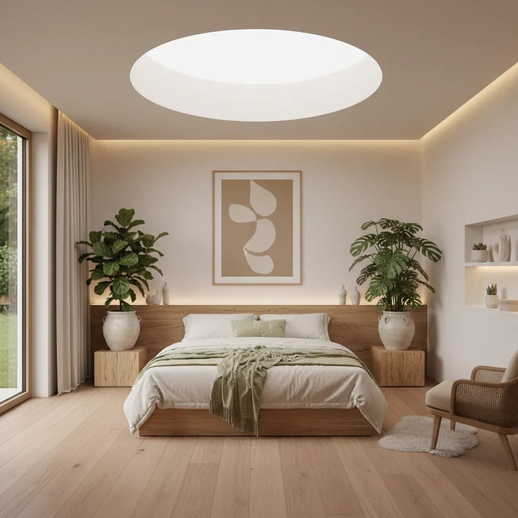 Calming wellness focused luxury bedroom with natural materials and soft lighting