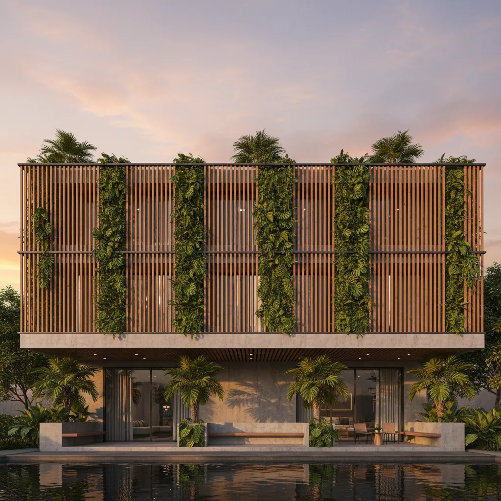 Modern house exterior interior design drawing with wooden wall panels green plants swimming pool sunset