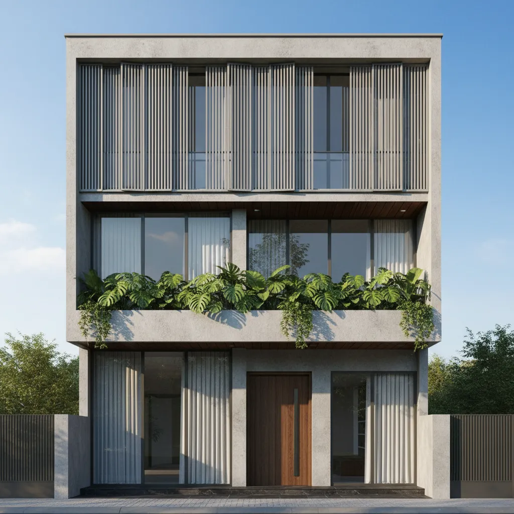 Modern concrete house exterior with vertical sun shading slats green balcony plants and wooden door