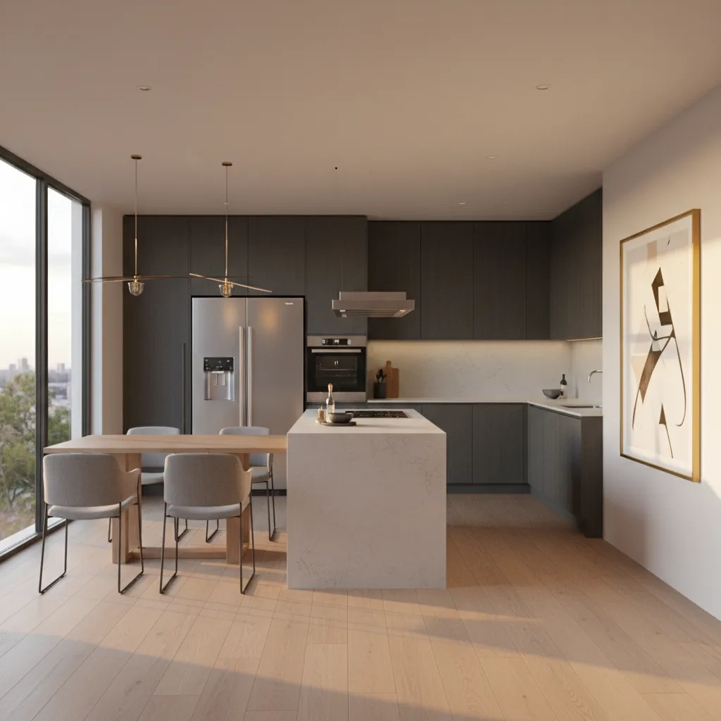 Minimalist kitchen with dark cabinets, white island, wood dining table, gray chairs, and warm sunlight