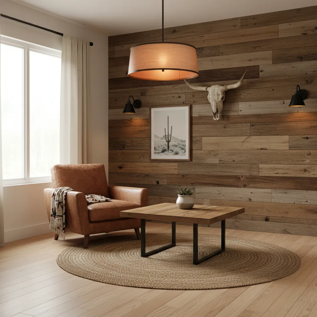 Reclaimed wood accent wall in a small living room with vintage western decor