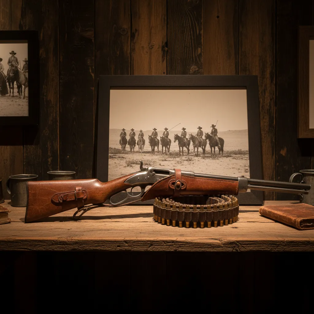 Western museum display combining rifle saddle and frontier artifacts