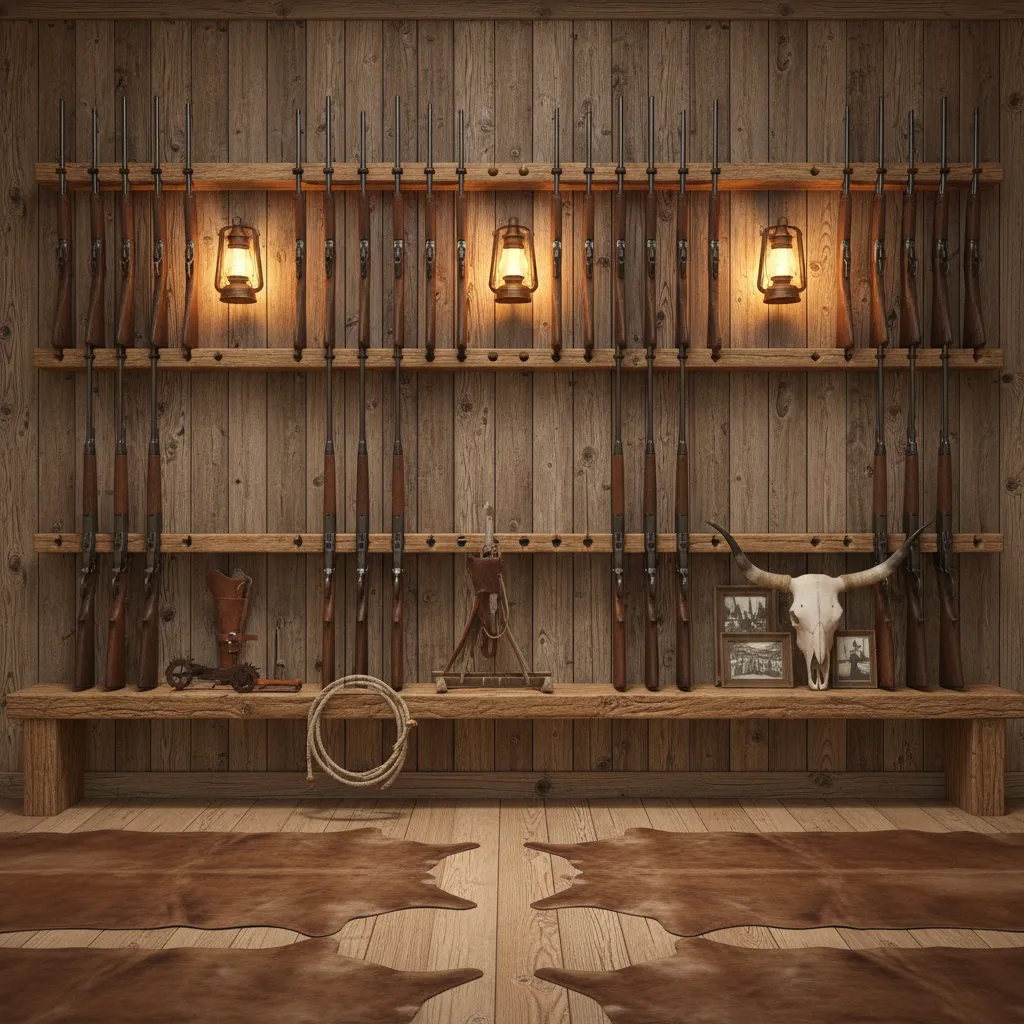 Western themed gun room wall with mounted rifles and wooden storage racks