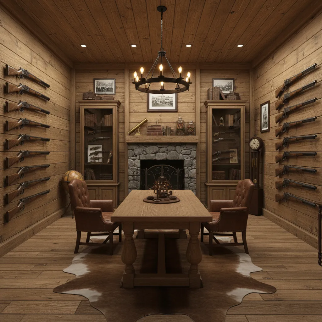 Western themed gun room interior with wood walls and rifle display racks