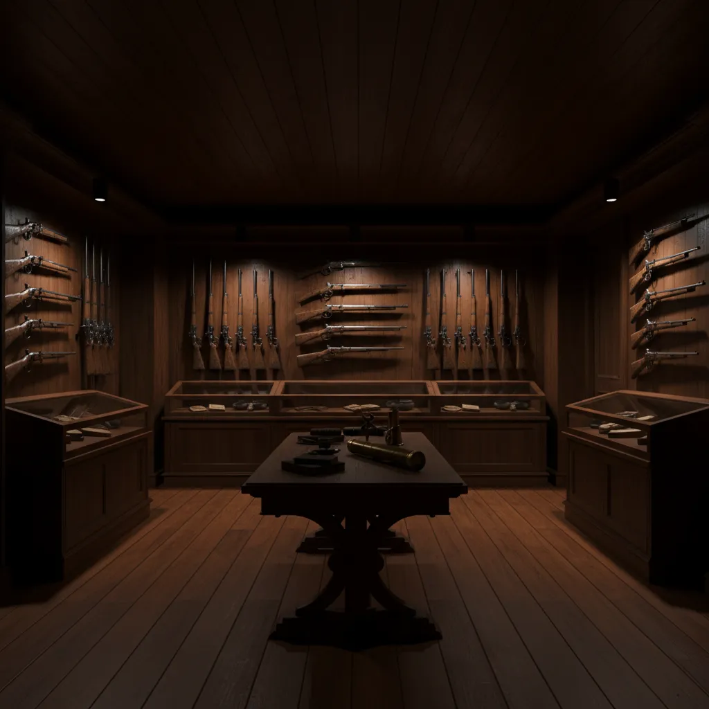 warm spotlight lighting highlighting rifles in a western gun room