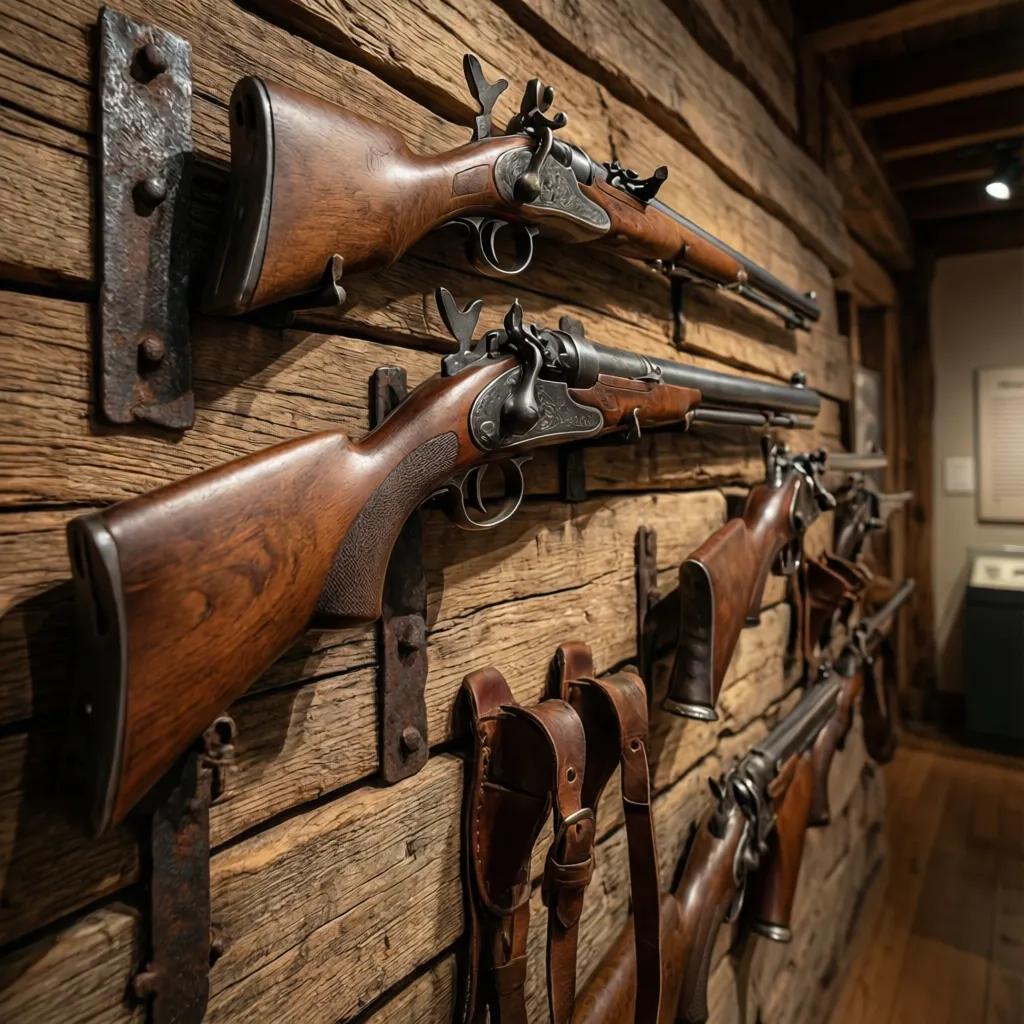 Close-up of authentic materials used in Western firearm display walls