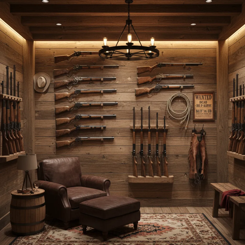 Western gun room with rifles mounted on rustic wooden wall