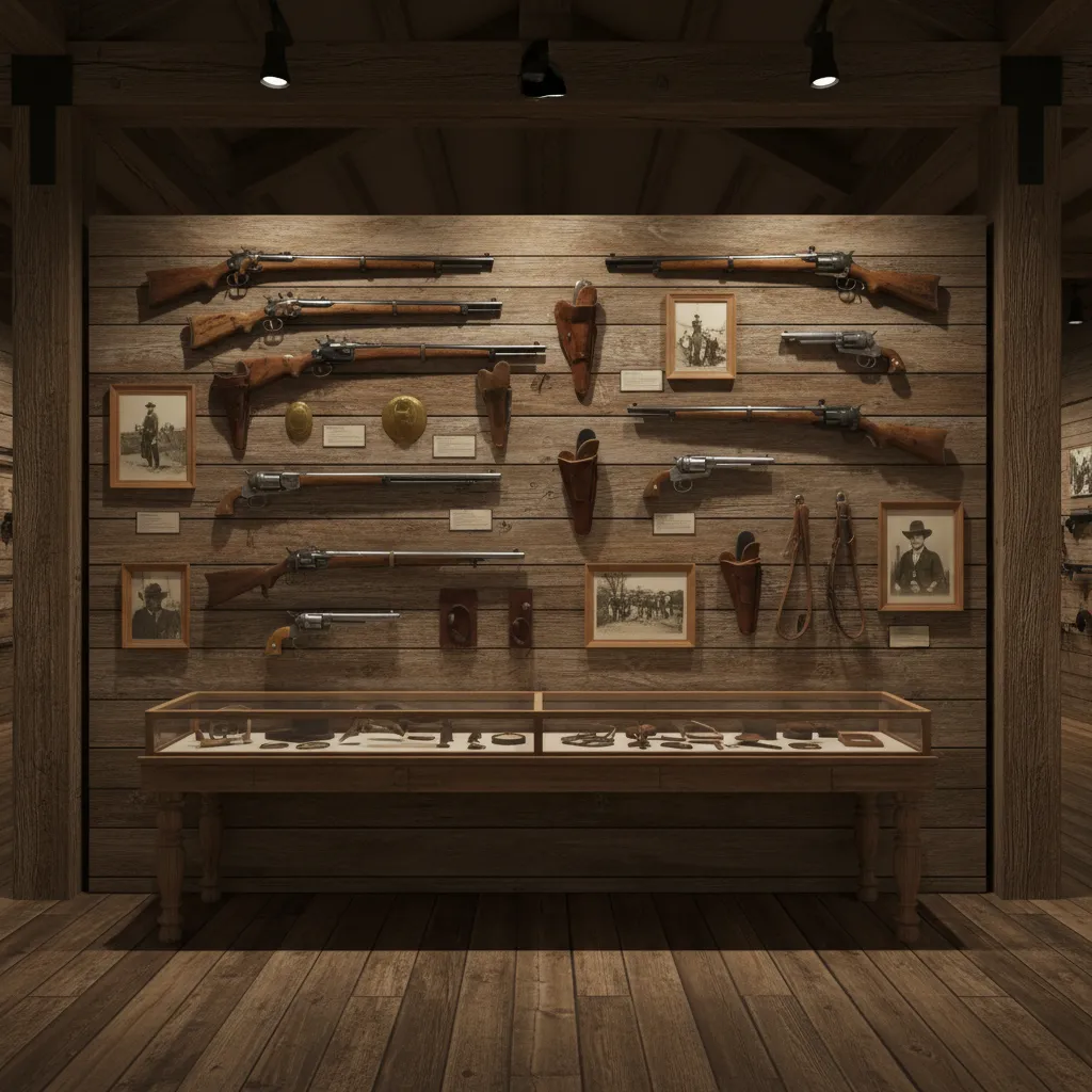 Western museum wall displaying rifles and revolvers with historical artifacts