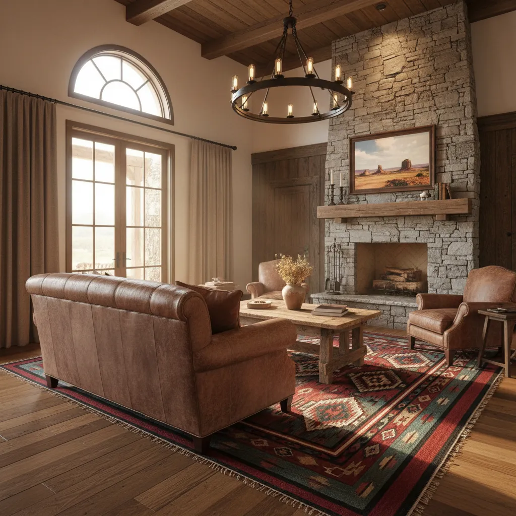 Rustic Western living room featuring vintage leather furniture and Navajo rug