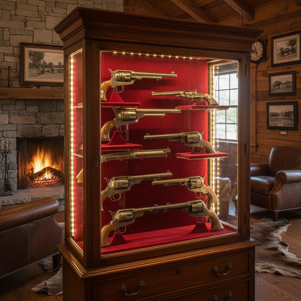 vintage glass cabinet displaying revolvers in a western gun room