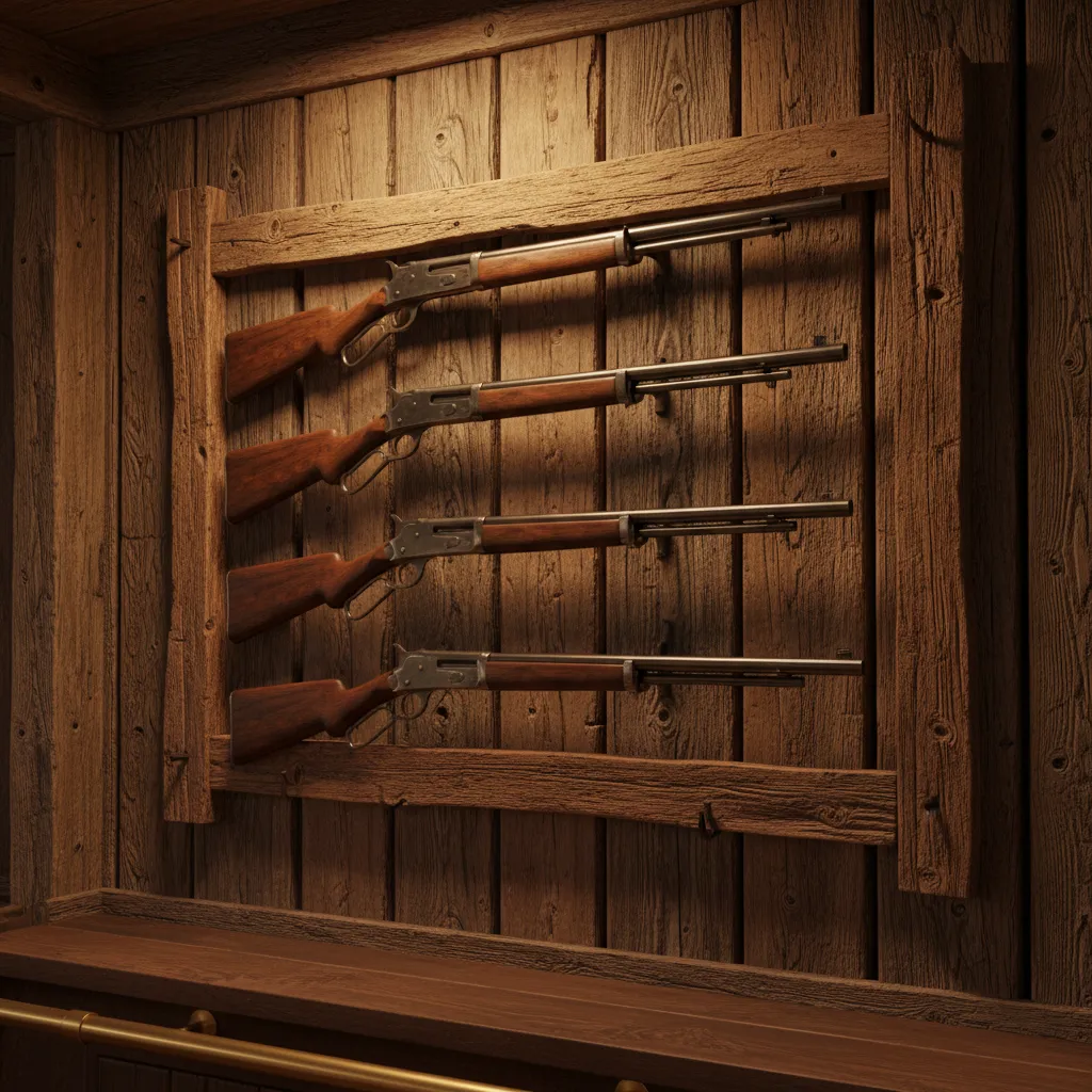 wooden rifle rack mounted on rustic western wall