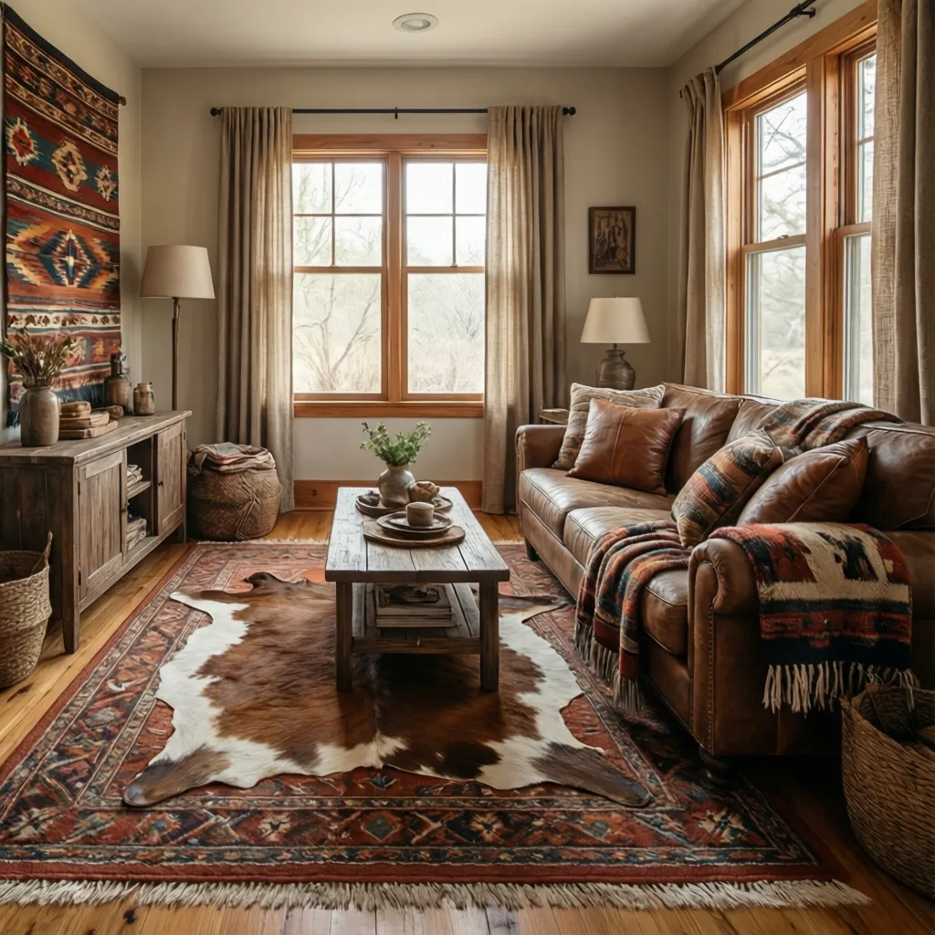 Southwestern textiles and cowhide rug adding western character to a small living room